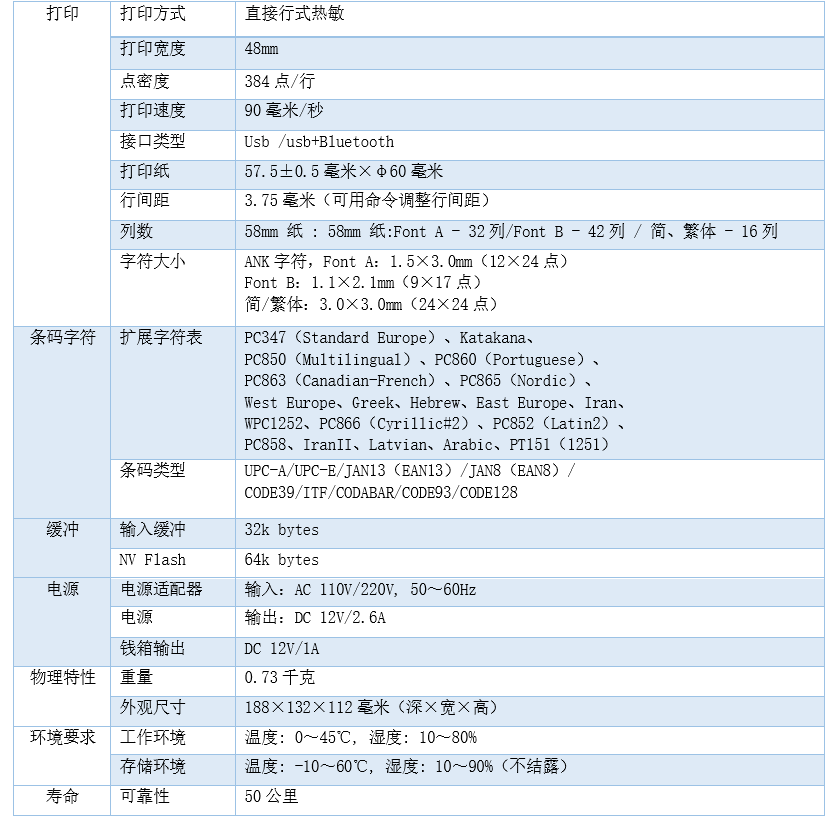 58热敏票据打印机参数